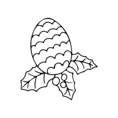 Christmas cone icon with leaves isolated on white background Vector illustration in doodle style.