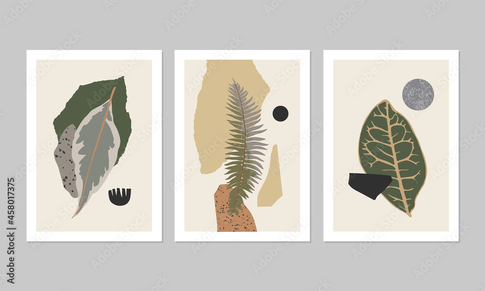 Poster Set of minimalist abstract botanical illustrations. Interior decor in modern style. Contemporary aesthetic posters.