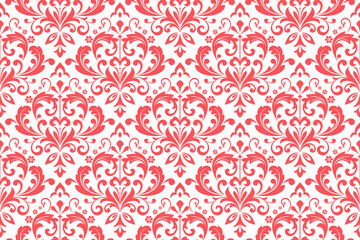 Floral pattern. Vintage wallpaper in the Baroque style. Seamless vector background. White and pink ornament for fabric, wallpaper, packaging. Ornate Damask flower ornament