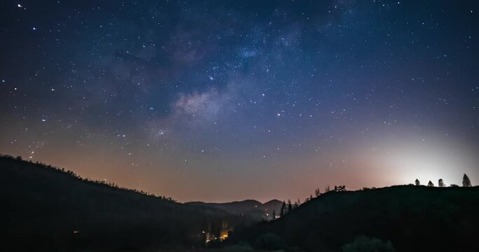 Starry sky timelapse at night in California. Milky way is visible in darkness. Earth rotation evidence