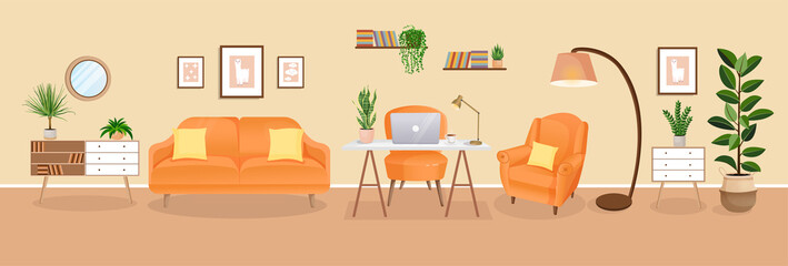 Design of a cozy room for working from home. Office with computer, workplace room, cabinet. Modern living room interior with furniture and house plants. Vector flat style illustration.