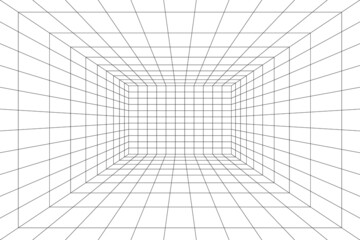 Grid room in perspective, vector illustration in 3d style. Indoor wireframe from black lines, template interior square, digital empty box. Abstract geometric design background