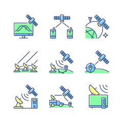 Artificial satellites green, blue RGB color icons set. Satellite tracking, navigation, positioning system. Satelites types. Isolated vector illustrations. Simple filled line drawings collection