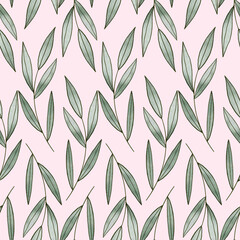 Naklejka premium Green Olive Leaves Branches on Pink Background Watercolor Seamless Pattern