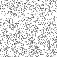 Monochrome seamless pattern with strawberries, leaves and flowers.