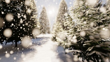 Christmas winter background snowflakes falling down on fir-trees 3d render