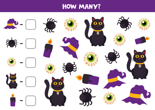 Counting game with cute Halloween pictures. Math worksheet.