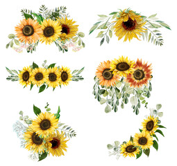Autumn floral bouquets of sunflowers and greenery set, isolated flower arrangements on white background