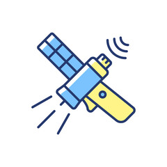 Communications satellite blue, yellow RGB color icon. Communications network. Transmiting signal satelite. Thin line customizable illustration. Isolated vector illustration. Simple filled line drawing