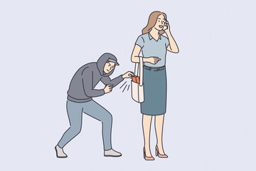Robbery, thief and crime concept. Young man robber thief in hood trying to steal female belongings from her bag outdoors vector illustration  - obrazy, fototapety, plakaty