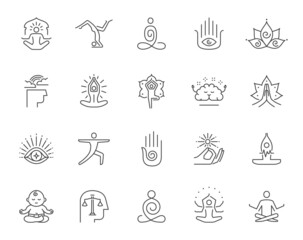 Set of meditation and yoga related line icons. Graphic design elements and logo templates for studios. Editable stroke.  - Powered by Adobe