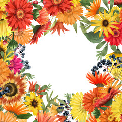 Frame border of autumn gerbera daisies, asters, fall berries and sunflowers, hand drawn illustration on white background, for wedding cards, invitation, celebratory design