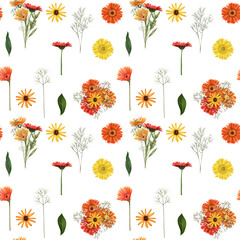 Obraz premium Seamless pattern of autumn asters, gypsophila and gerbera flowers illustration on white background