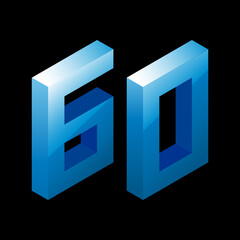 Gradient blue number 60 in isometric style. Isolated on black background. Water texture