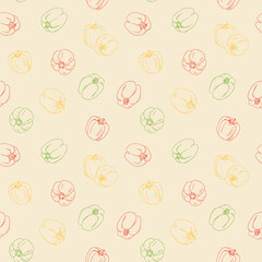Bell pepper seamless pattern.Hand-drawn vegetables on pastel color background. Wallpaper for vegetarian food, vegetable with vitamins for healthy lifestyle, balanced nutrition, correct diet.Vector