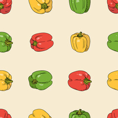 Bell pepper seamless pattern.Hand-drawn vegetables on pastel color background. Wallpaper for vegetarian food, vegetable with vitamins for healthy lifestyle, balanced nutrition, correct diet.Vector