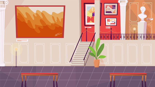 Exhibition in gallery of modern art interior concept in flat cartoon design. Paintings and statues, works of art, hallway with benches for visitors in museum. Vector illustration horizontal background
