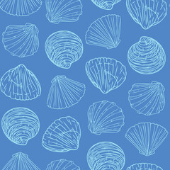 Pattern with seashells, doodle hand-drawn sea symbols.Seamless wallpaper. Fossils painted by ink, pen. Line, minimalism. Simple sketchy backdrop. Vector illustration.