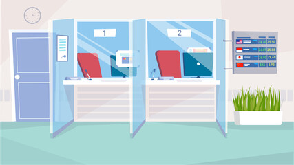 Cash desks windows at bank interior concept in flat cartoon design. Cashier workplaces with computers, chairs, customer racks, board with exchange rates. Vector illustration horizontal background