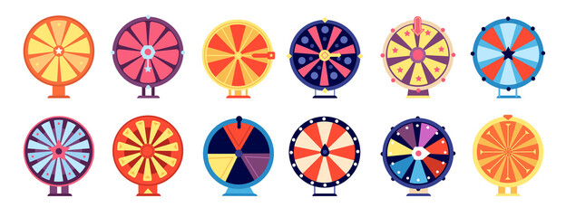 Fortune wheel. Spin roulette icon, odds success in gambling. Wealth winning opportunity, internet casino, risk entertainment utter vector set - obrazy, fototapety, plakaty