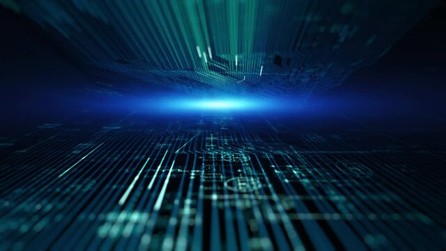 Abstract printed circuit board futuristic server/The abstract mother server is processing the data. Circuit board futuristic server code processing. Blue technology background with bokeh. loop. 