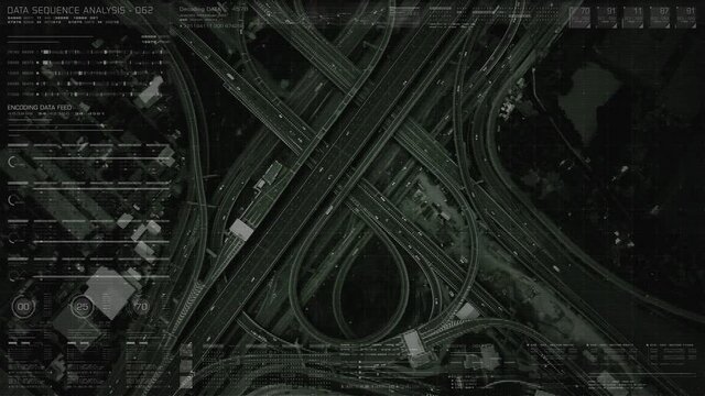 Futuristic HUD satellite view of traffic surveillance on a busy expressway junctions tracking and monitoring highway traffic for possible target vehicle