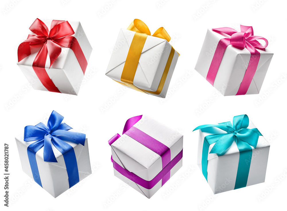 Wall mural Birthday present - Set of white color gift boxes with colorful ribbon isolated on white background