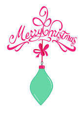 greeting card with Merry Christmas. Cartoon  illustration with calligraphy inscription, bow, ball. hand drawing. for postcards, posters, banners.