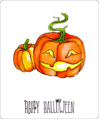 Vector illustrations, stickers from the Halloween set. A bat, a cat in a witch's hat, a ghost, pumpkins and candles. Pattern.