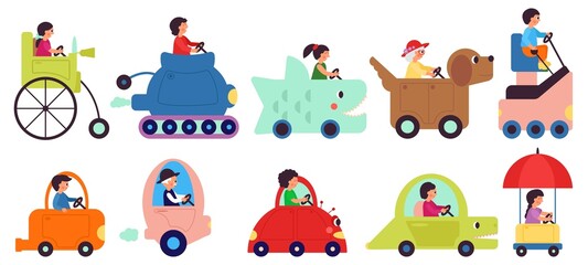 Fototapeta premium Cartoon child transportation characters. People drive vehicle, happy riding. Childish cute transport, isolated funny delivery or logistic decent vector set
