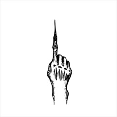 pointing finger of a witch top view - vector drawing in engraving style. witch's hand with long sharp nails points index finger up