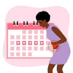 African woman having period pain in flat design vector illustration. Menstrual cycle calendar concept. - obrazy, fototapety, plakaty