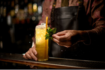 glorious view of glass full of ice and cocktail with drinking straws and male hand with wet mint leaves