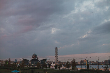 Embankment of Baku at sunset. Cloudy sunset sky. Baku, Azerbaijan. High quality photo