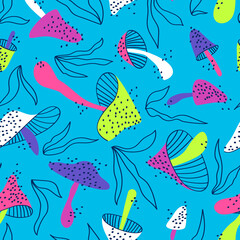 Seamless pattern of bright neon mushrooms and herbs scattered over the background. Pattern with mushrooms of various shapes and blades of grass. Design for baby fabric. Flat vector illustration.