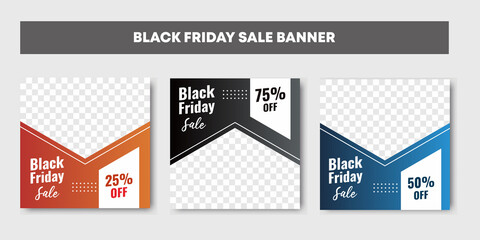 Three set of orange, black and blue Black friday sale background banner with 25, 50 and 75 percent discount.