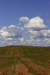 Countryside landscape with empty fields and fluffy clouds. Windy and sunny day in autumn season. 
