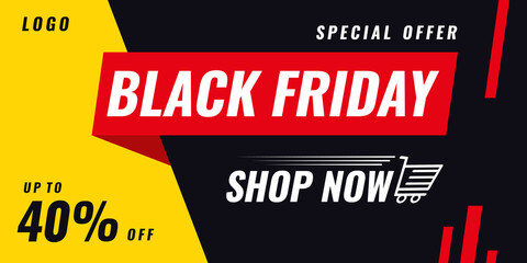 Special offer Black friday sale background banner with trolley and up to 40 percent off word isolated on yellow black background.