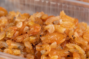 Delicious sweet shrimp traditional processed food Asian style, Small prawn boiled with sugar tasty for preserving food.
