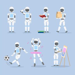 Set of humanoid robots in different activities, work and entertainment
