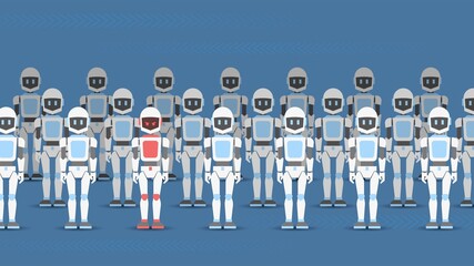 A crowd of robots stands in a row and one of them is an evil traitor