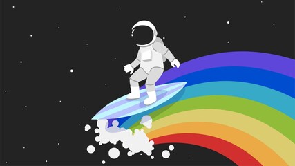 Astronaut surfer on a wave of rainbow