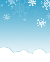 Illustration of white snow on a blue background with white clouds - vertical format 4 to 5 - winter...