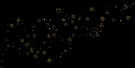 Golden delicate openwork snowflakes scatter on a black background. Festive background, postcard design, wallpaper