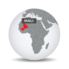World globe map with the identication of Mali. Map of Mali. Mali on grey political 3D globe. Africa map. Vector stock.