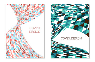 Bright patchwork from multi-colored triangles. Unusual colorful design for cover or background. Set of two templates