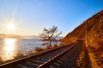 Obraz premium Circum Baikal railway running along the shore of Lake Baikal on an autumn sunny day with a yellow landscape around