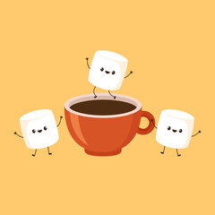 Marshmallow vector. marshmallow character. wallpaper. coffee cup. marshmallow in coffee cup.