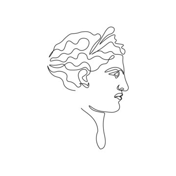 One line ancient greek statue. Greece mythology sculpture hand drawn continuous line, Artemis goddess head. Modern vector art