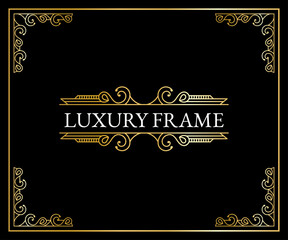 Golden Vintage logo with elegant flourishes line art frame graceful ornaments Victorian style for card and text decoration vector template design